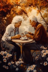 Sticker - A warm moment shared between an elderly couple over coffee in a serene outdoor setting.