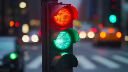 Poster - Traffic Signal with Red and Green Lights in City Setting