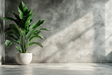 Sunlight is casting shadows on a concrete wall in an empty room with a large green plant in a white pot. The image evokes calm and peace