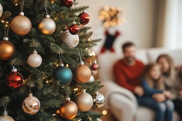 Decorated Christmas tree with family in background