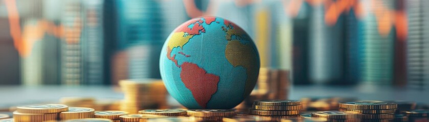 Wall Mural - a colorful globe sits atop a pile of coins, symbolizing global finance, investment, and economic gro
