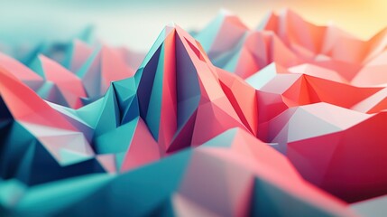 Poster - Abstract Geometric Landscape with Pink and Teal Polygons