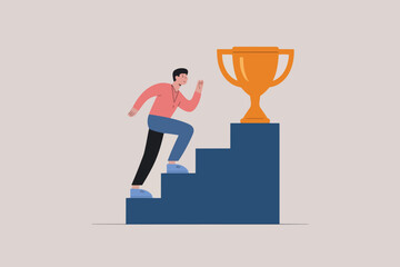 Man climbing steps with trophy on top, business concept, achievement and success.