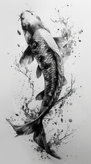 Poster - Black and White Koi Fish Ink Drawing - Japanese Art