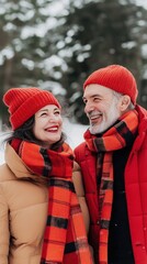 Wall Mural - A joyful couple in winter attire smiling together in a snowy landscape.