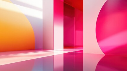 Poster - Abstract Minimalist Interior with Pink and Orange Walls and Sunlit Reflections