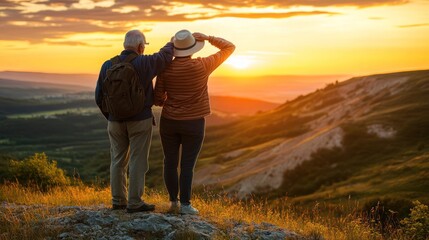 Wall Mural - A couple enjoying a sunset view over a scenic landscape.