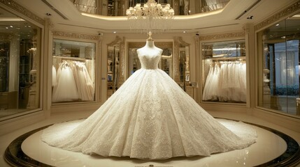 A luxurious white wedding dress on display, capturing the grandeur of traditional and modern bridal fashion in a high-end store.