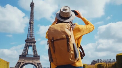  A young traveler with a backpack standing in front of an iconic world-famous landmark, taking photos and representing the freedom and excitement of travel