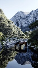 Sticker - A serene landscape featuring a horse drinking from a reflective pond surrounded by mountains.