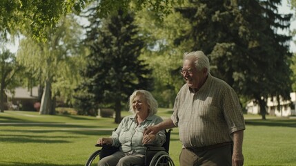 Wall Mural - An elderly couple enjoys a sunny day in a park, with one in a wheelchair.