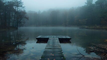 Sticker - Misty Forest Lake with Wooden Dock - Tranquil Landscape Photography