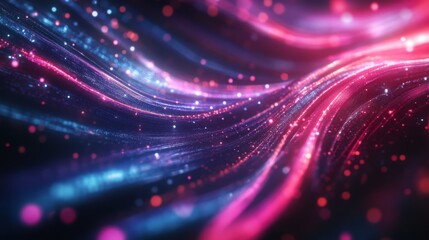 Fototapete - A vibrant, abstract image featuring flowing lines of blue and pink with shimmering particles, creating a dynamic visual effect.