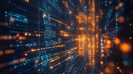 Poster - A vibrant digital landscape showcasing streams of data and glowing particles, illustrating advanced technology and connectivity.