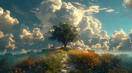 Poster - Dreamy Landscape with a Solitary Tree and Path