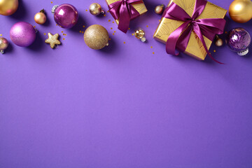 Wall Mural - Christmas decorations with golden and purple baubles, gift boxes, and star confetti on a vibrant purple background. Perfect for holiday and celebration themes