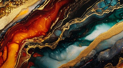Poster - A vibrant, abstract image featuring swirling patterns of orange, blue, and gold, resembling fluid art and natural stones with a glossy finish.