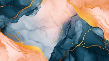 Poster - An abstract artwork featuring swirling shades of blue, peach, and accents of gold, creating a dreamy and elegant texture.