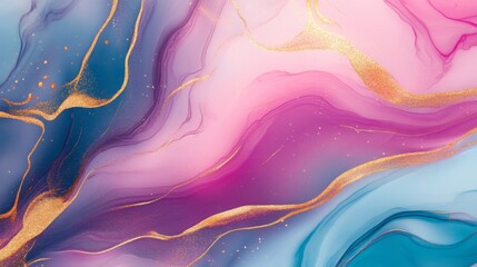 Aufkleber - A stunning abstract artwork featuring flowing waves of vibrant pink, blue, and gold tones, creating a mesmerizing and elegant aesthetic.