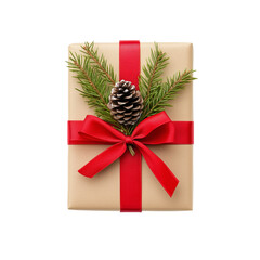 Craft paper beige gift box with red ribbon and pine branch and cone isolated on the background. Top view gift box on a transparent background. Generative AI.