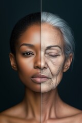 Conceptual portrait illustrating the contrast between youth and old age by splitting an African American woman’s face into two halves, highlighting skin texture, aging, and beauty transformation