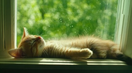 Wall Mural - A sleepy kitten lounging in a sunlit window, exuding tranquility and warmth.