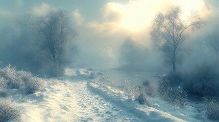 Wall Mural - Serene winter landscape with fog and snow-covered path.