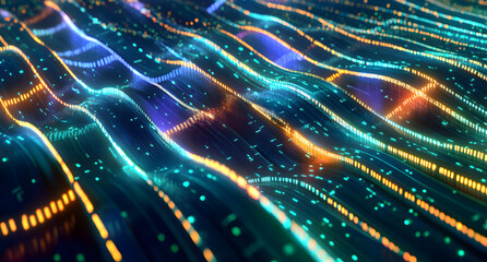 Wall Mural - big data cyber strings. 3d illustration of wavy lines in information code field. data flow cyber con