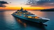 © elimicel - A luxurious yacht anchored at sunset, reflecting warm lights on calm waters.