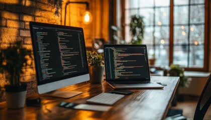Secure Coding Environment, Software Development on Dual Monitors with Code, Blurred Background