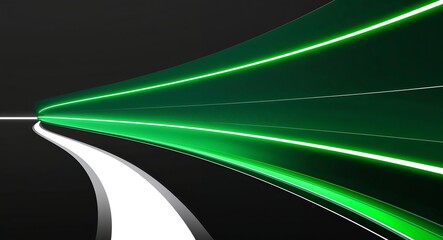 Wall Mural - Glowing green light ray with a reflective curve on a dark black background