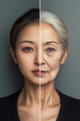 Compelling split portrait of an Asian woman bridging youthful vibrancy and aged resilience, capturing life’s progression and the evolution of beauty over time