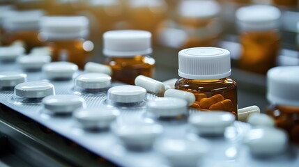 bottle filling machine on production line at medical factory. selective focus on pills in bottle. ph