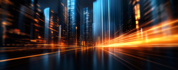 Abstract speed highway background, city buildings dark night cars lights , fast traffic motion blur