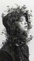 Sticker - Woman in a Floral Crown: Black and White Portrait Photography