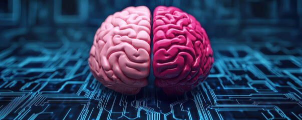 Canvas Print - human brain visualized in pink and light pink colors, set against blue circuit board background, symbolizes intersection of biology and technology. This striking image evokes curiosity and wonder