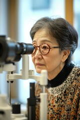 a 60-year-old Korean grandmother wearing glasses, undergoing an eye examination in a brightly lit Korean eye clinic