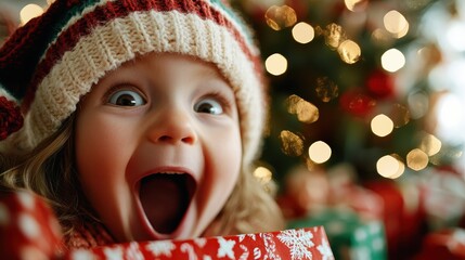 this joyful image captures a child's pure happiness and amazement as they excitedly open a christmas