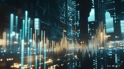 Fototapete - Digital Sound Waves in Futuristic Urban Environment