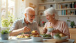 © VERTEX SPACE - Enjoy joyful meal together, an elderly couple sharing laughter and delicious food in bright, cozy kitchen filled with plants. Their happiness radiates in this warm setting