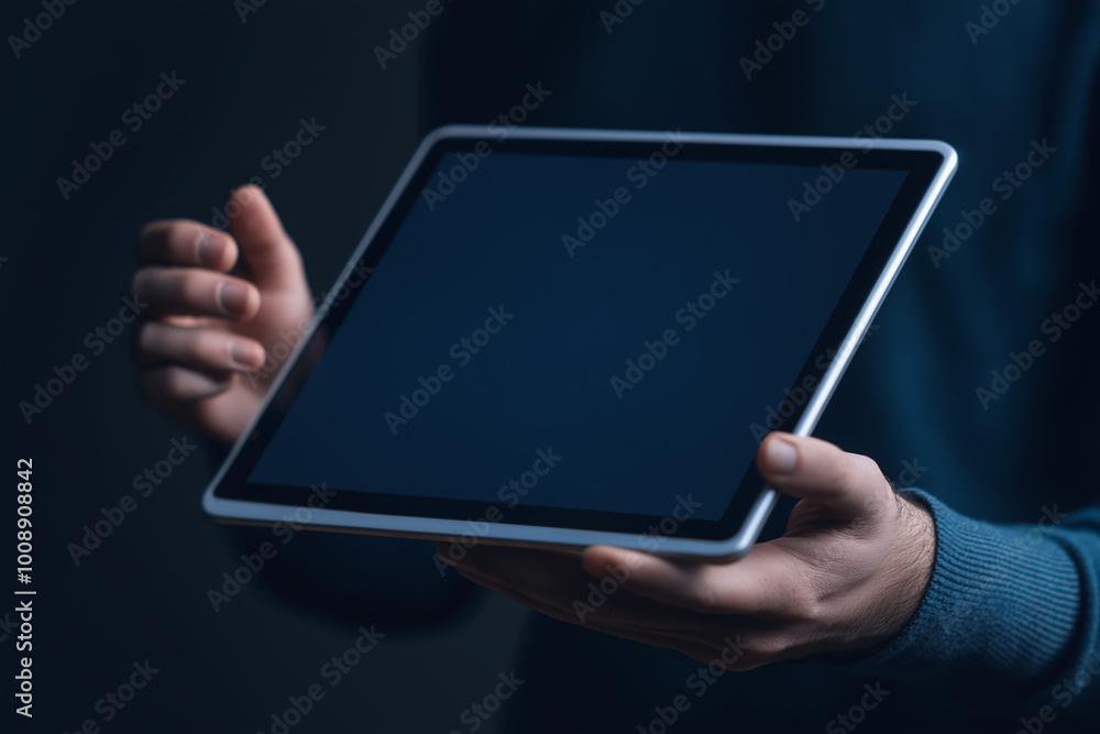Person holding a tablet with a blank screen in a dimly lit environment ...