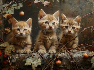 Wall Mural - Three Adorable Kittens in Autumn Leaves