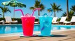 © Asmaa - Colorful drinks in plastic cups with straws resting on a table next to a refreshing pool.