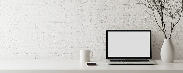 Wall Mural - A clean, minimalist workspace featuring a laptop, smartphone, coffee mug, and decorative vase against a white brick wall