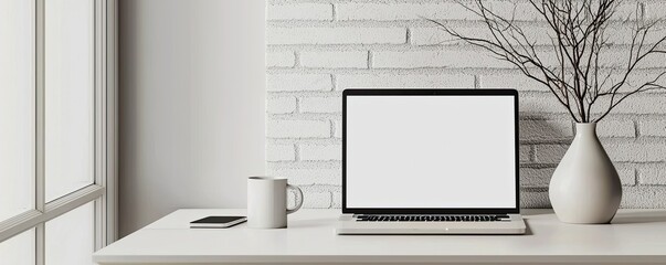 Wall Mural - A clean, minimalist workspace featuring a laptop, smartphone, coffee mug, and decorative vase against a white brick wall