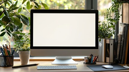 Wall Mural - Close-up of a blank white screen computer monitor on a desk with office supplies in a minimalist home work space, front view, mockup template, soft blurred background, copy space concep
