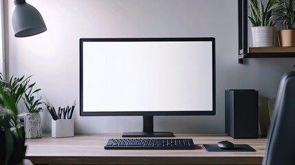 Wall Mural - computer with a blank white screen on a desk in a modern office room, a mockup for artwork or text display template, with copy space. White background