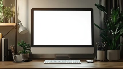 Wall Mural - computer with a blank white screen on a desk in a modern office room, a mockup for artwork or text display template, with copy space. White background