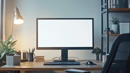 Wall Mural - computer with a blank white screen on a desk in a modern office room, a mockup for artwork or text display template, with copy space. White background