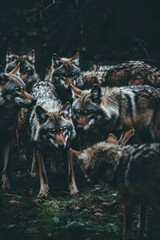 Canvas Print - A pack of wolves gathered in a dark, forested setting.